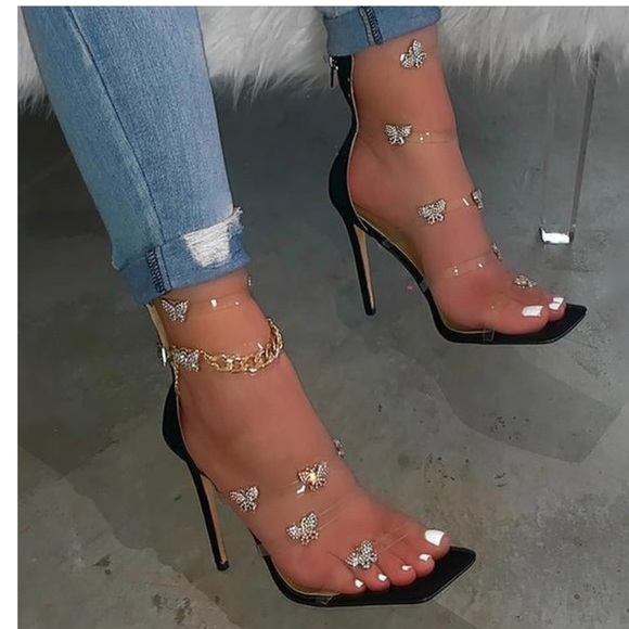 Shoes - Black & Silver butterfly sandal with gold ankle chain. Stylish & sexy. NWOT